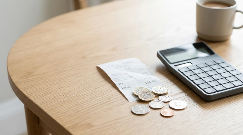A small receipt with a tax line, coins, and a calculator on a wooden table