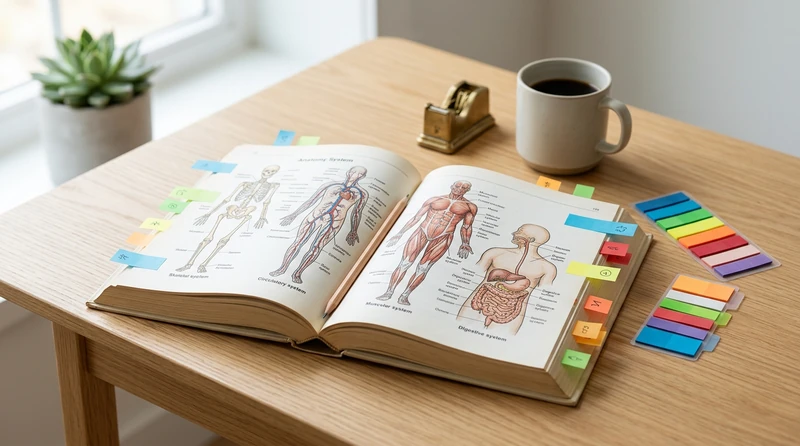 An anatomy textbook open to a body-systems diagram with colored sticky tabs