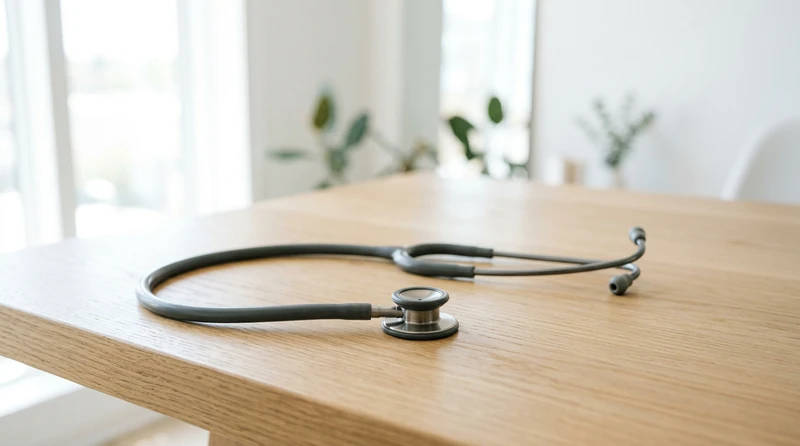 A close-up of a stethoscope resting on a plain surface in soft daylight