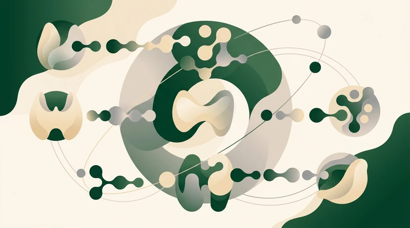 A conceptual illustration of connected nodes and orbiting forms in green and cream