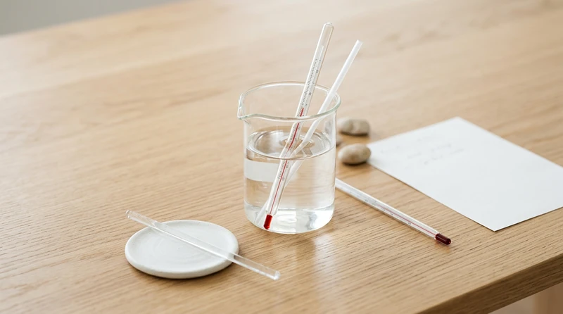 A clean lab thermometer in a beaker showing a temperature change