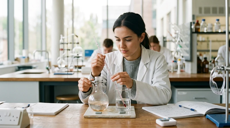 Hot and cold reaction flasks with a thermometer between them on a clean lab bench