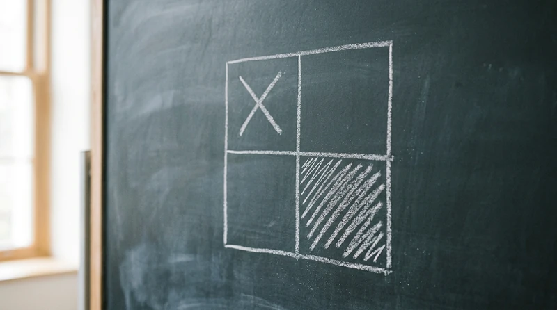 A two-by-two grid drawn on a chalkboard with two cells marked
