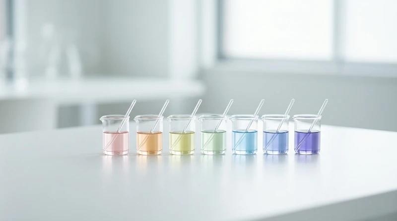 A row of small beakers holding liquids in a soft gradient of colors