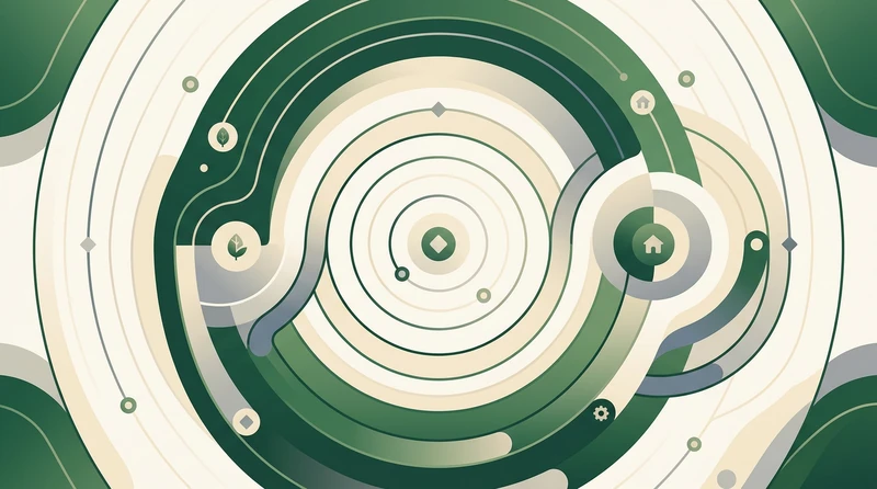An abstract pattern of curved lines layered like contour maps in cream and forest green