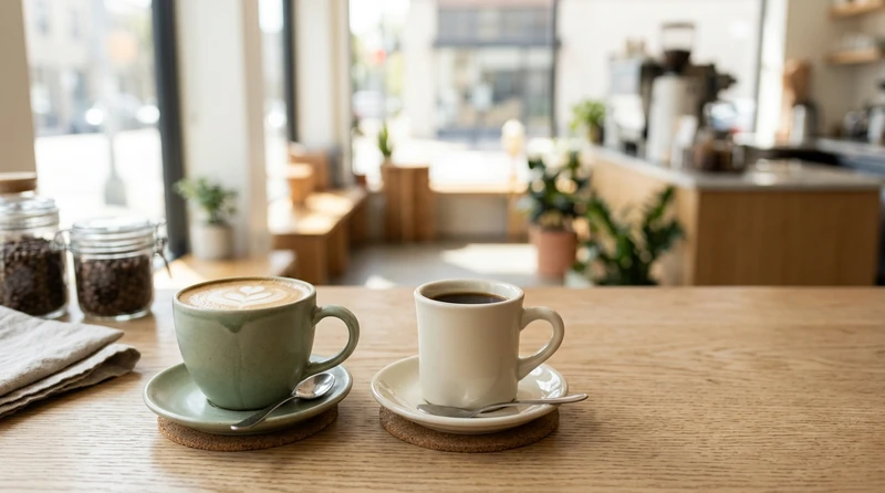 A coffee shop menu board listing prices for a latte and a drip coffee
