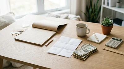 A flat lay of a wall calendar, an invoice, and stack of dollar bills on a wood desk