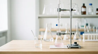 A burette setup with a flask of pale pink solution and clean glassware in a lab