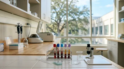 A tidy hospital lab bench by a sunlit window, calm and bright, with clear glassware