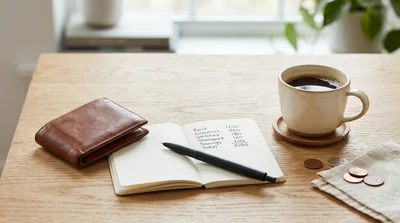 A wallet, a small notebook with a column of numbers, and a coffee cup on a tabletop