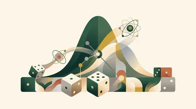 A row of dice and a bell curve sketched on paper showing averaging produces normality