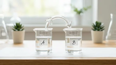 Two clear beakers of equal heights joined by a curved arrow illustration symbolizing forward and reverse reactions