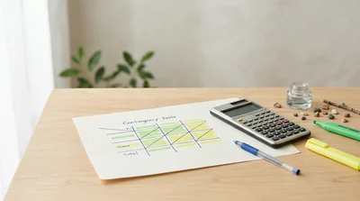 A contingency table on graph paper beside a calculator and highlighted row and column totals