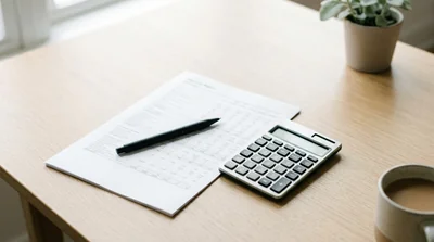 A printed income statement with a calculator and pen on a light desk