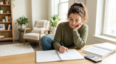 A college student studying t-accounts at a desk with a notebook and warm lamp light