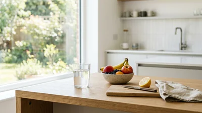 A bright kitchen counter with a glass of water and fresh fruit, calm morning light
