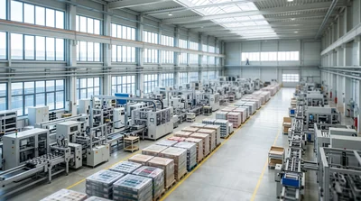 An aerial view of a large modern factory with rows of assembly equipment and pallets of finished goods