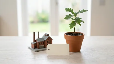 A price tag, a small factory model, and a tree on a desk