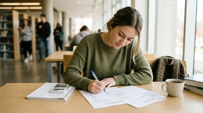 A student reviewing accounting worksheets and correcting figures at a desk
