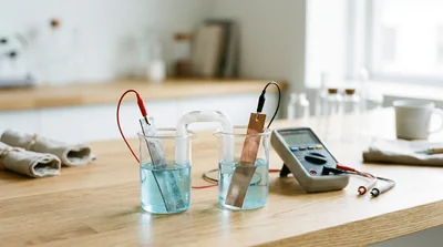Two clear beakers with metal electrodes joined by a salt bridge tube on a polished surface
