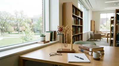 An atmospheric photo of a bright, tidy study space full of natural light