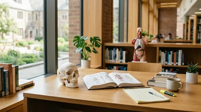 A bright, tidy study space by a window, set up for focused exam preparation