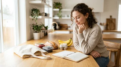 A pair of grocery items and a household budget notebook on a sunlit kitchen counter