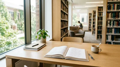 A clean wooden desk in a study space with a chemistry textbook open to organic structures