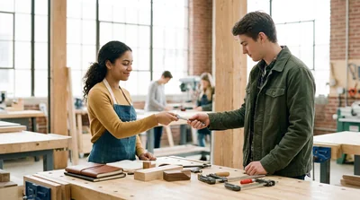 A pair of coworkers handing off a tool in a bright workshop setting