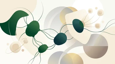 A calm abstract composition of soft orbiting shapes in deep green and cream tones