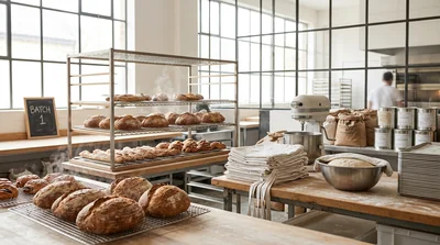 A small bakery kitchen with fresh bread on cooling racks