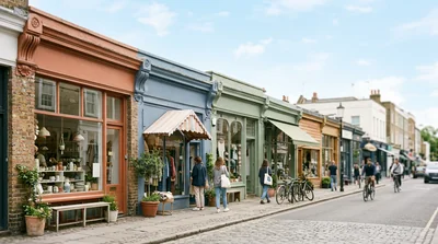 A bustling commercial street with several boutique storefronts of different colors and signs