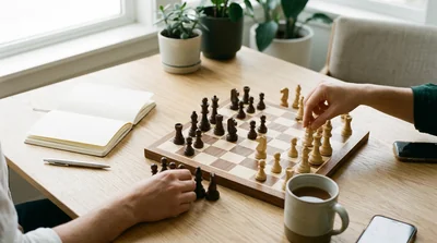 A close-up of a chessboard mid-game with two players' hands resting beside the board