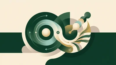 A conceptual illustration of looping shapes in deep green and warm cream tones