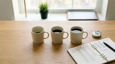 Three coffee cups in a row beside a notebook of reaction time results on a wooden desk