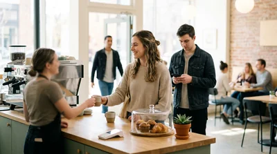 A coffee shop counter with customers arriving steadily under afternoon light