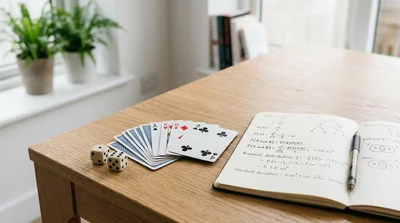 A pair of dice and a fanned deck of playing cards on a wooden desk beside a notebook