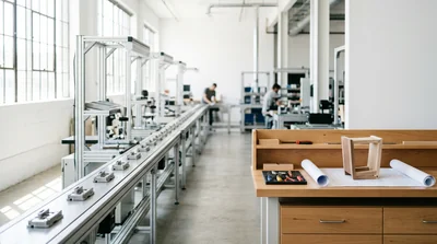 A manufacturing facility contrasting a custom workbench with a production line