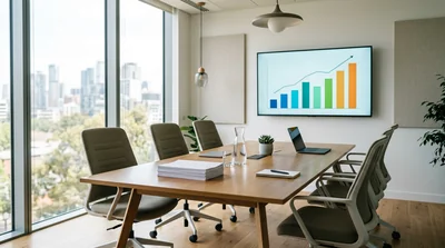 A corporate office boardroom with a bar chart on a screen and sunlit windows