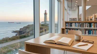 A coastal lighthouse at dusk with two cargo ships passing in the distance