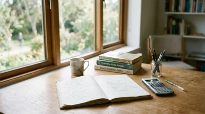 A calm study desk by a window with statistics tables and a calculator