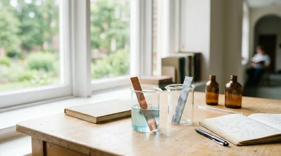 A clean chemistry workbench with vibrant copper and zinc strips beside small beakers of clear solution