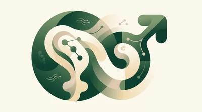 An abstract composition of two interlocking organic shapes in green and cream tones