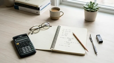 A notepad, pencil, and calculator showing a worked statistics problem