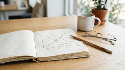 A neat hand-drawn supply-and-demand graph in a notebook with one curve shifted to the right