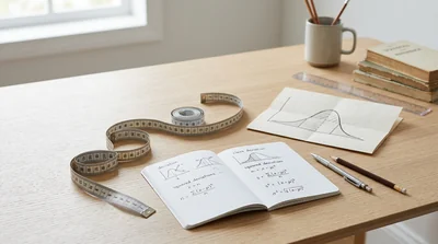 A measuring tape and a notebook of squared deviations beside a sketched bell curve on a desk