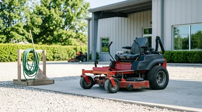 A commercial mower in a tidy equipment yard at sunrise