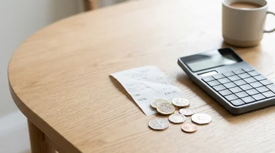A small receipt with a tax line, coins, and a calculator on a wooden table