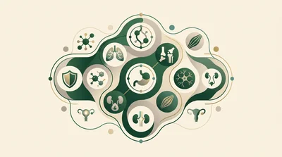 A conceptual illustration of interlocking organic shapes in deep green and cream
