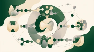 A conceptual illustration of connected nodes and orbiting forms in green and cream